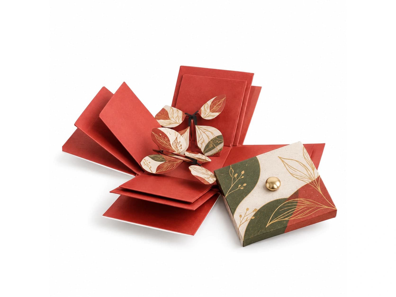 Red presentation box with accordion-folded panels extended beside its closed form