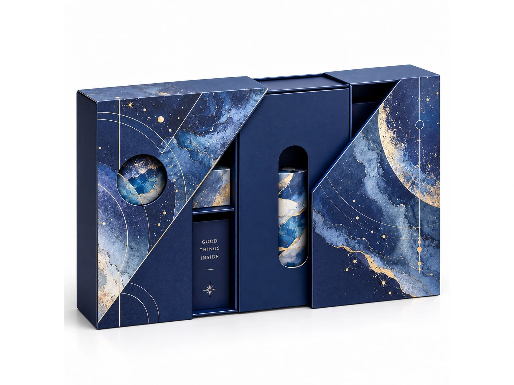 Blue rectangular presentation box with angled front panels and a central product window