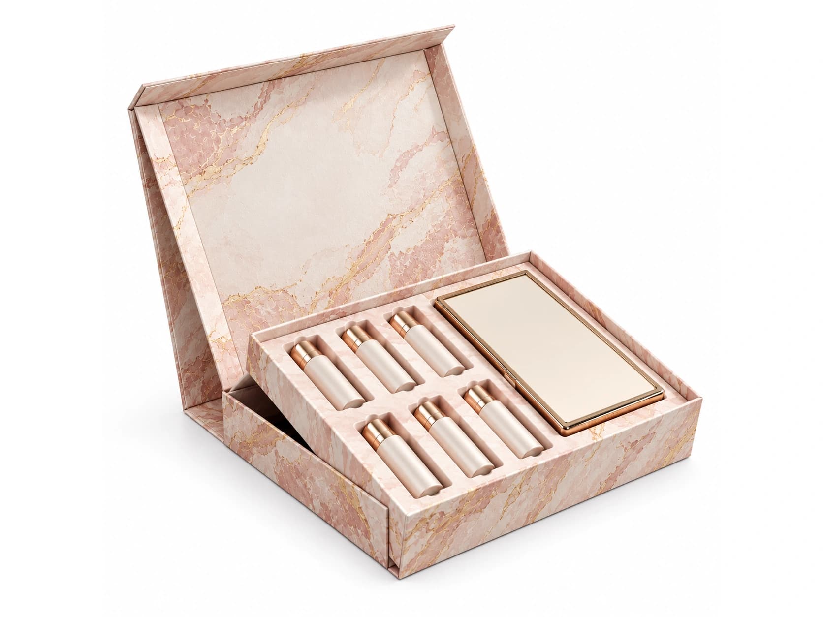 Marble-pattern hinged box with multiple narrow insert slots and a rectangular compartment