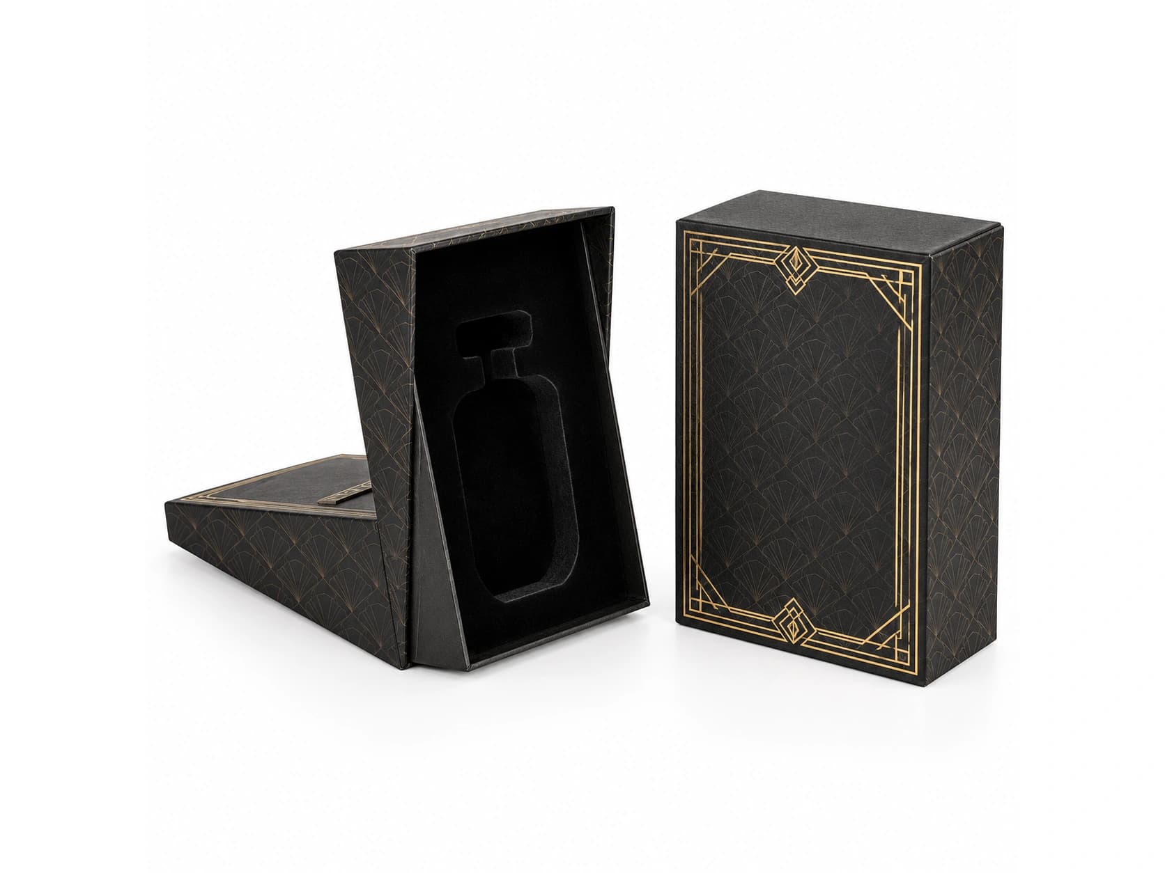 Black and gold presentation box with a bottle-shaped insert beside its closed form