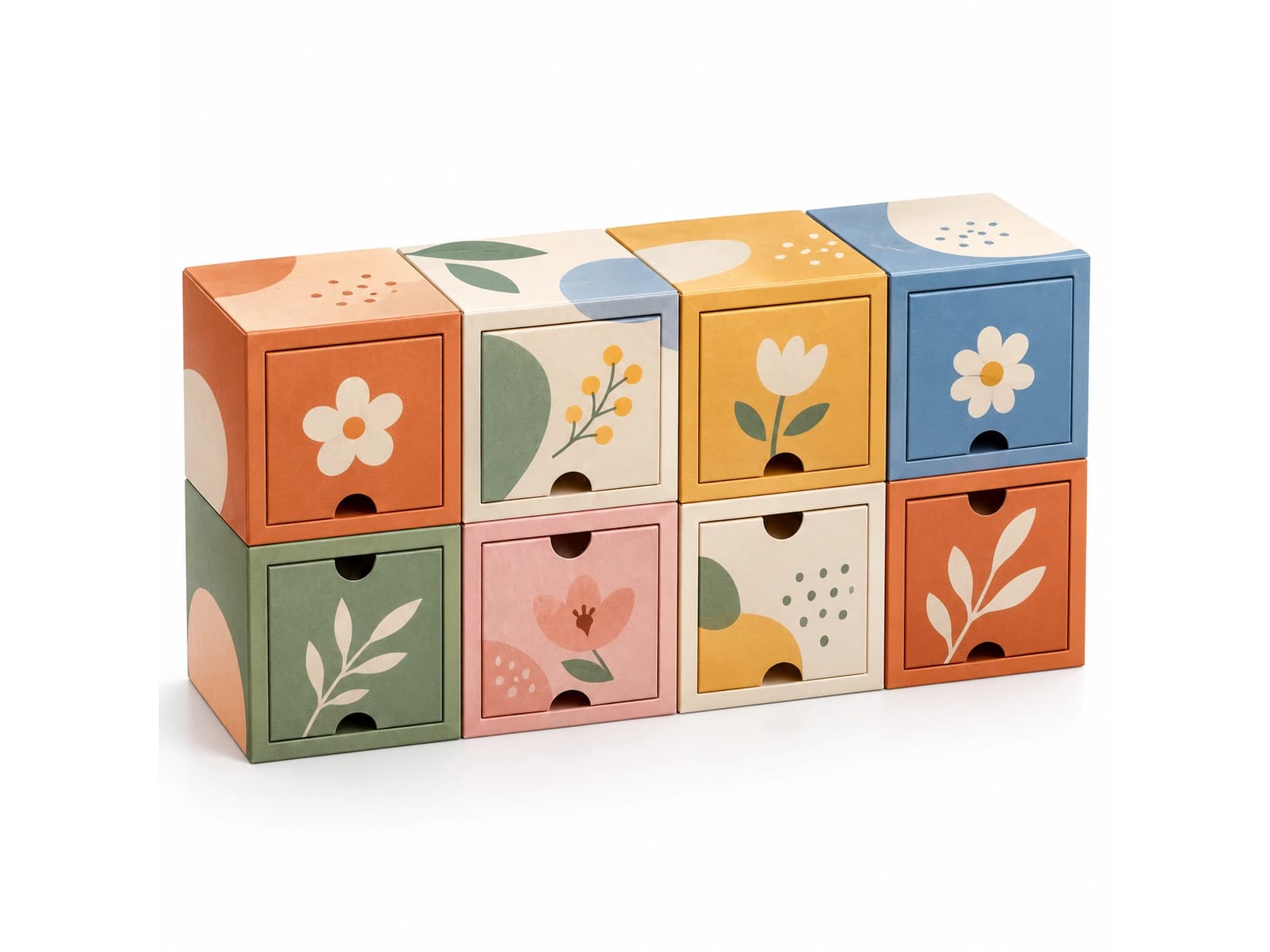 Eight connected colorful box units arranged in a folding cube structure