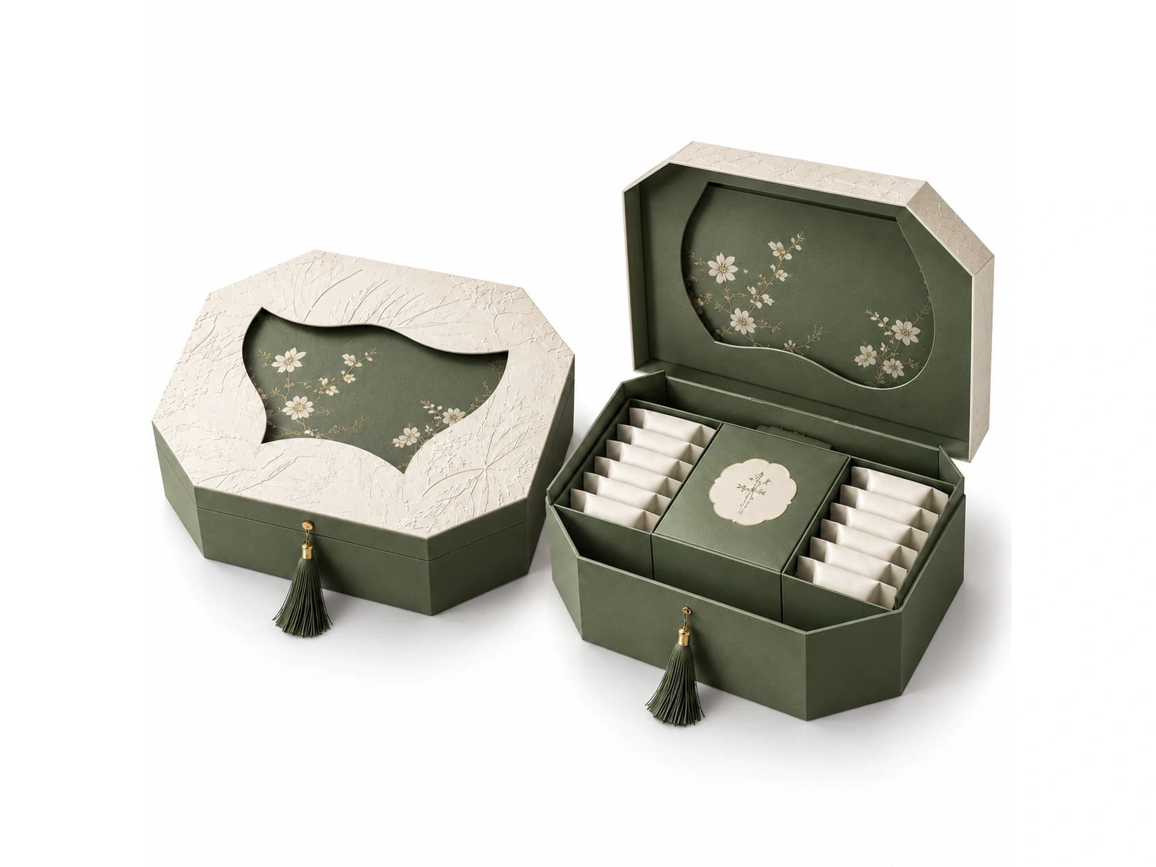 Green faceted hinged box with divided product positions beside its closed form