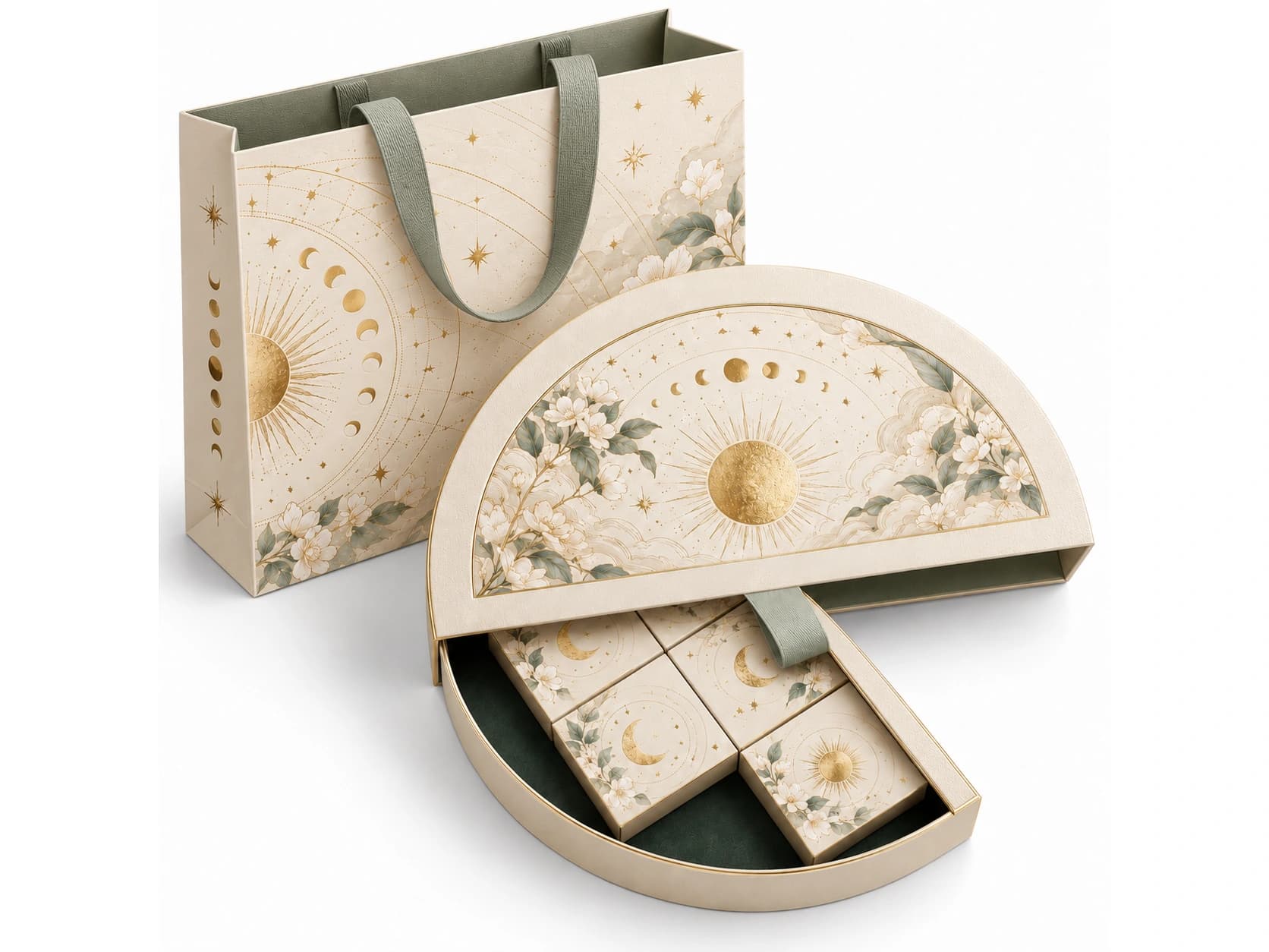 Cream fan-shaped presentation box with five independent rotating inner boxes beside a matching carry bag