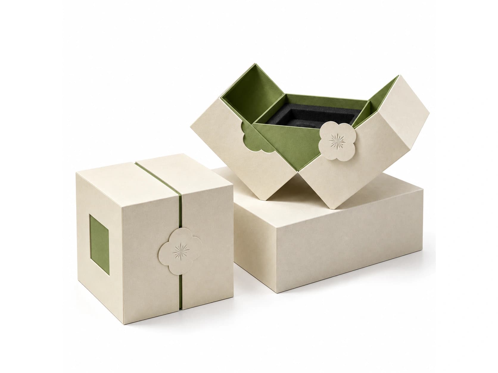 Cream and green double-door presentation box shown open and closed