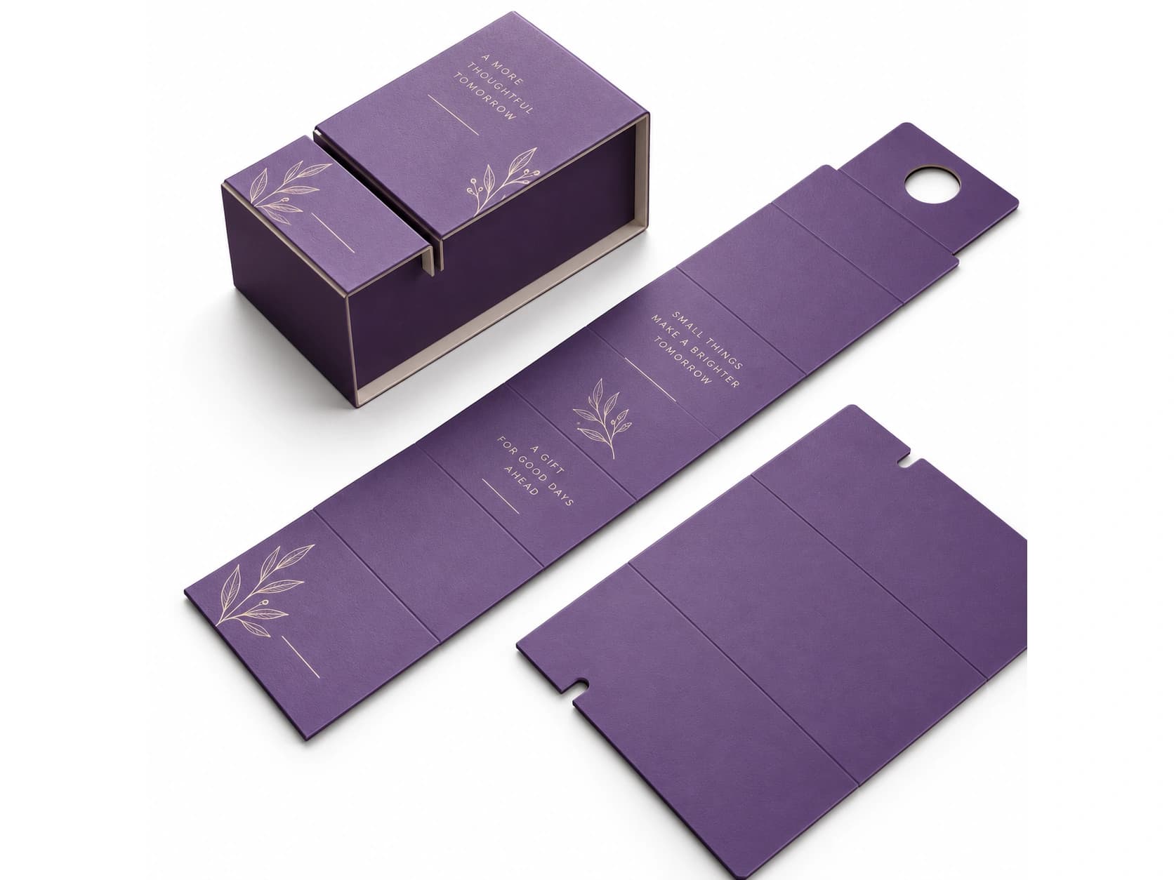 Purple assembled box beside matching flattened panel components