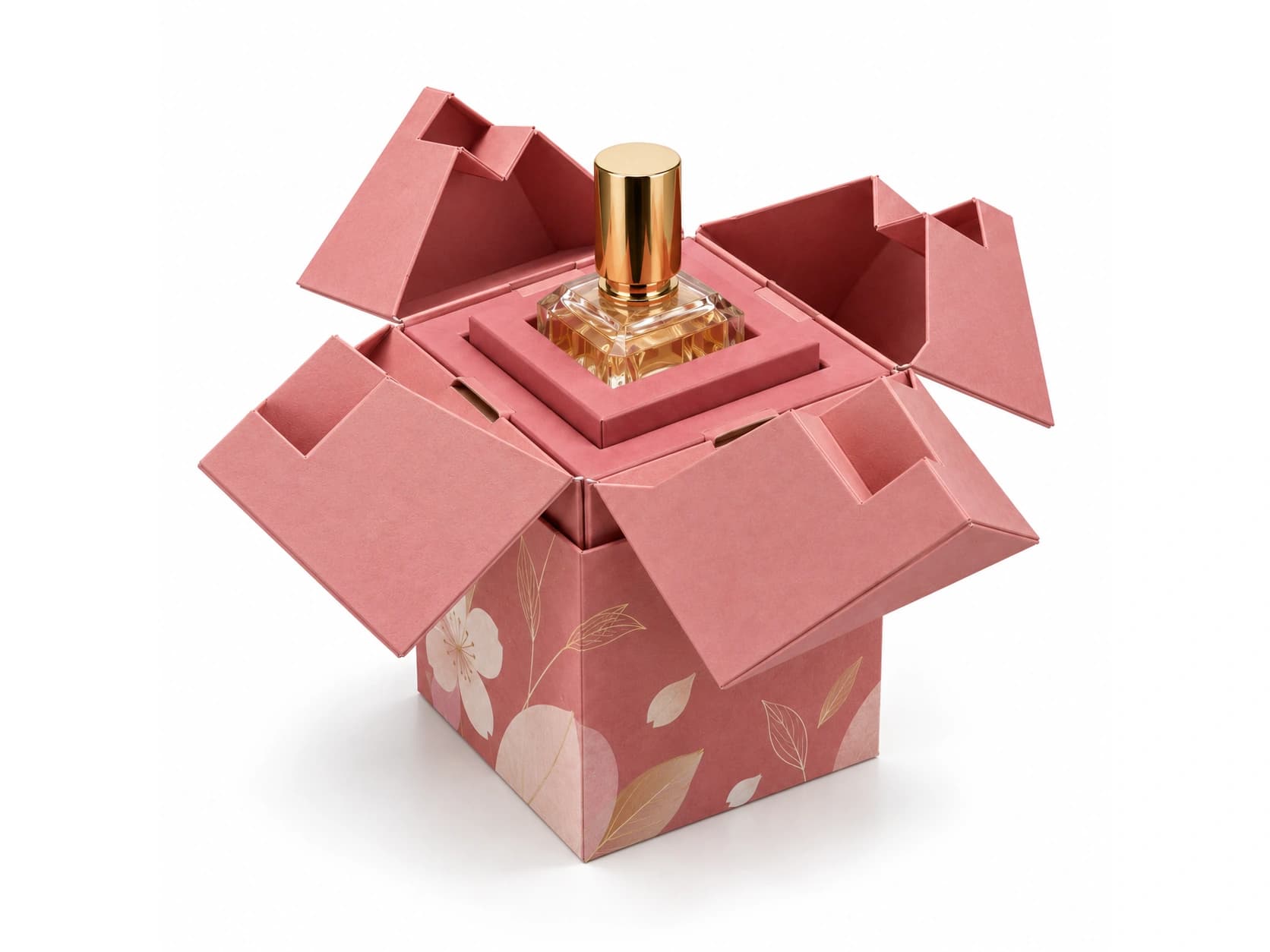 Pink presentation box with four open panels and a bottle on a central platform