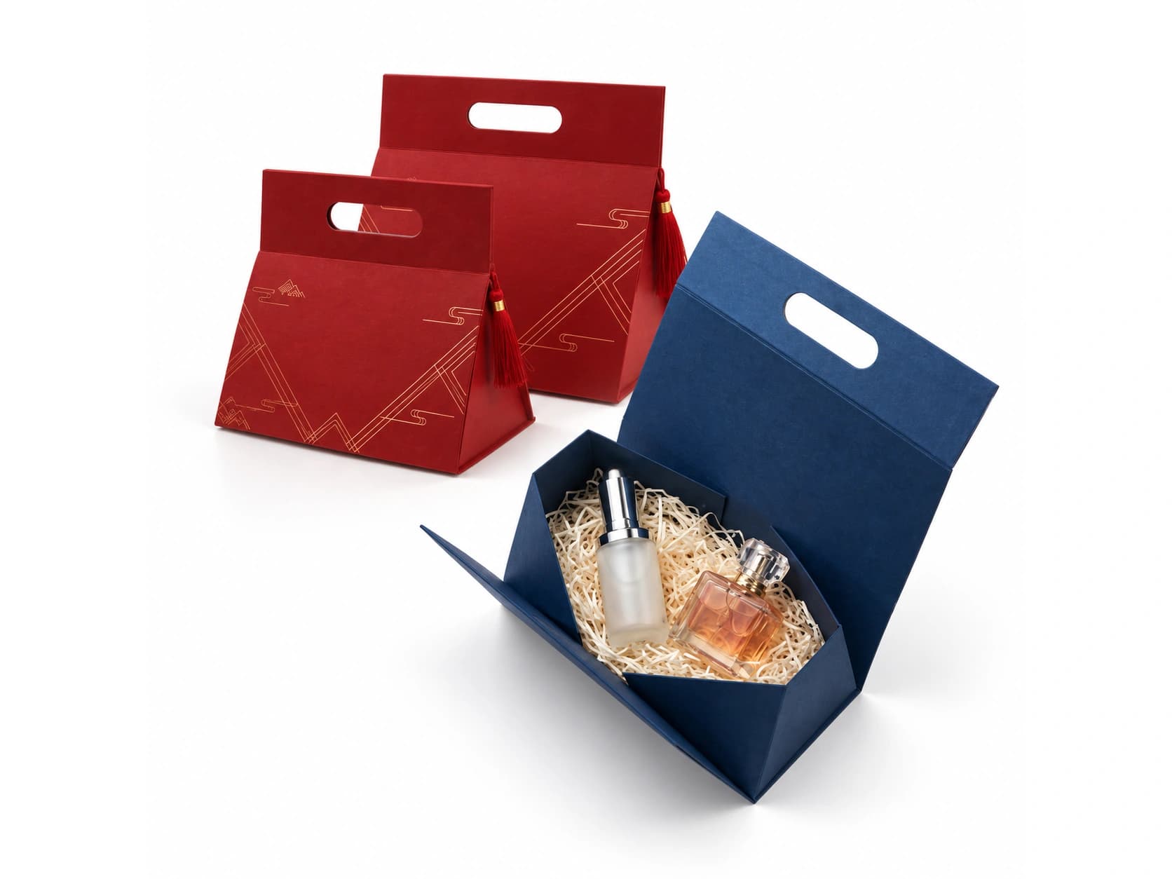 Red and blue folding paperboard cartons with integrated top handles, one open with small bottles inside