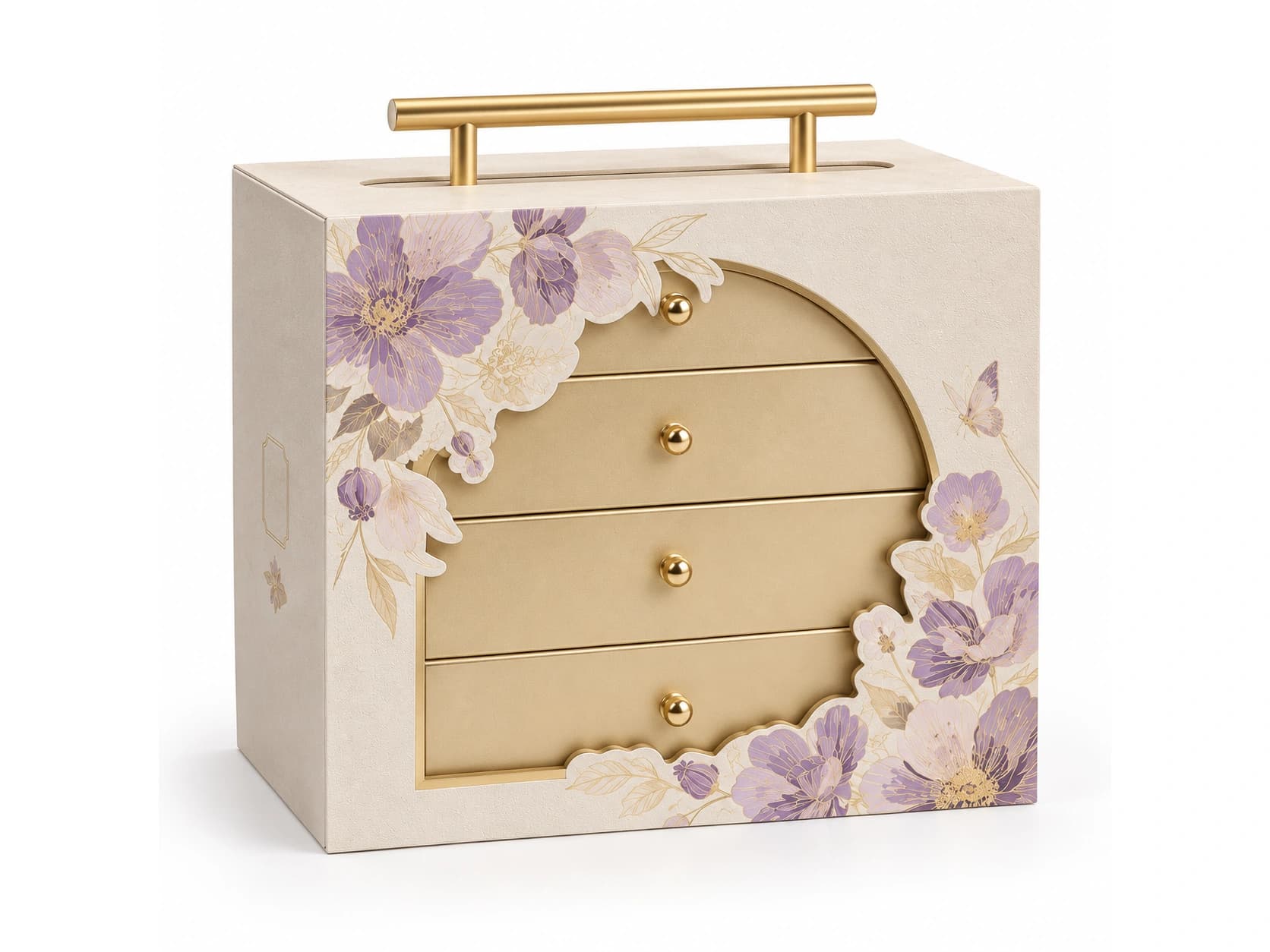Cream floral cabinet-style box with four drawer fronts and a top handle