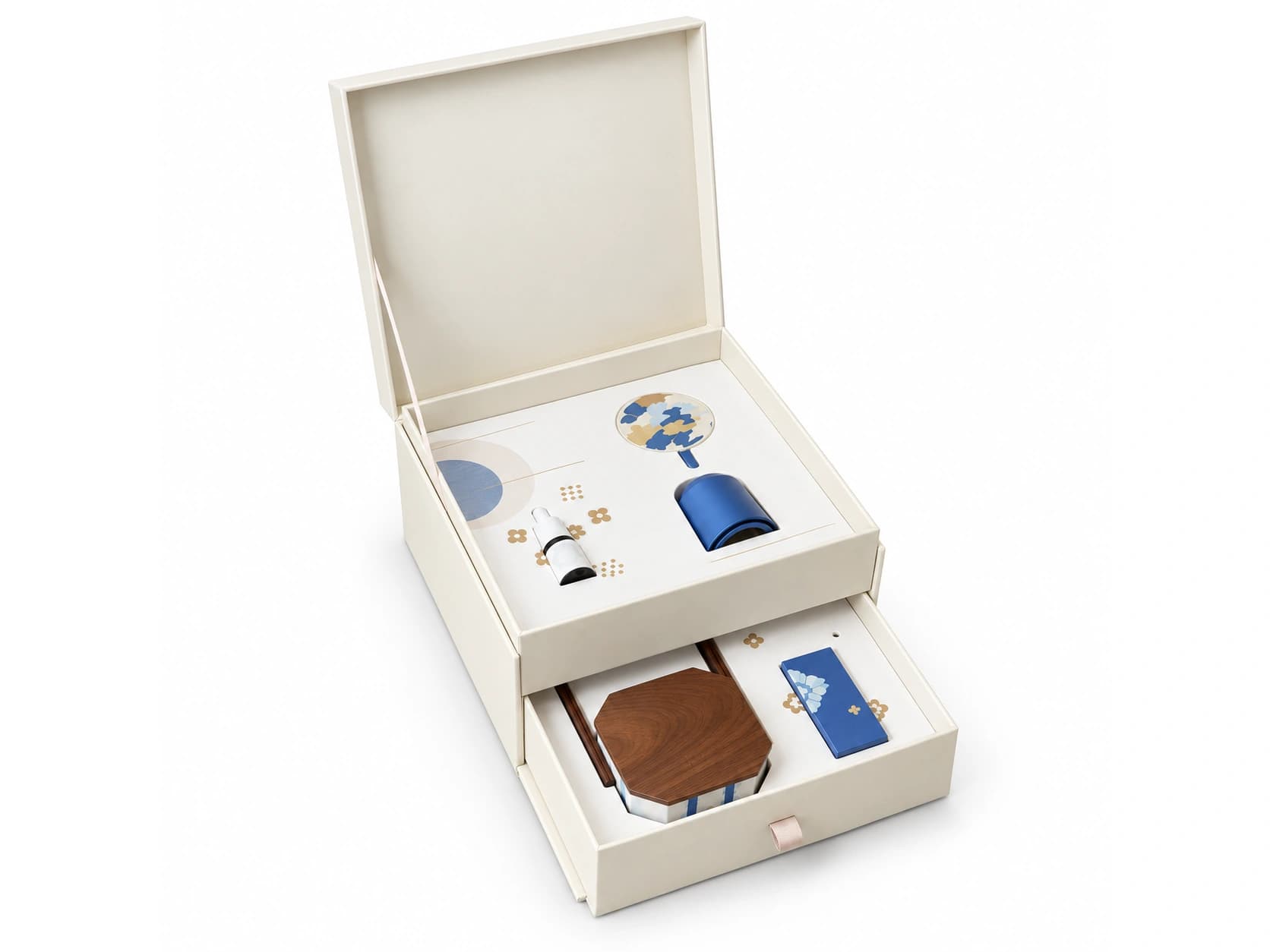 Cream hinged box with a fitted upper compartment and an open lower drawer