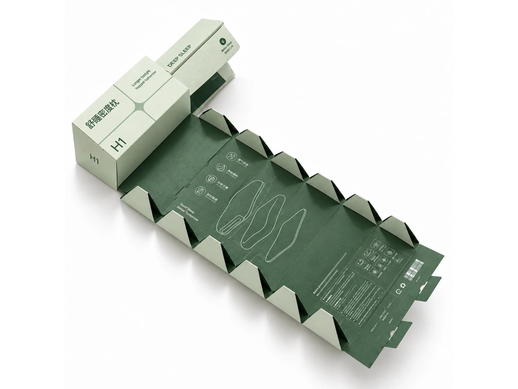 Green long-format carton shown assembled beside an extended panel with folded side sections