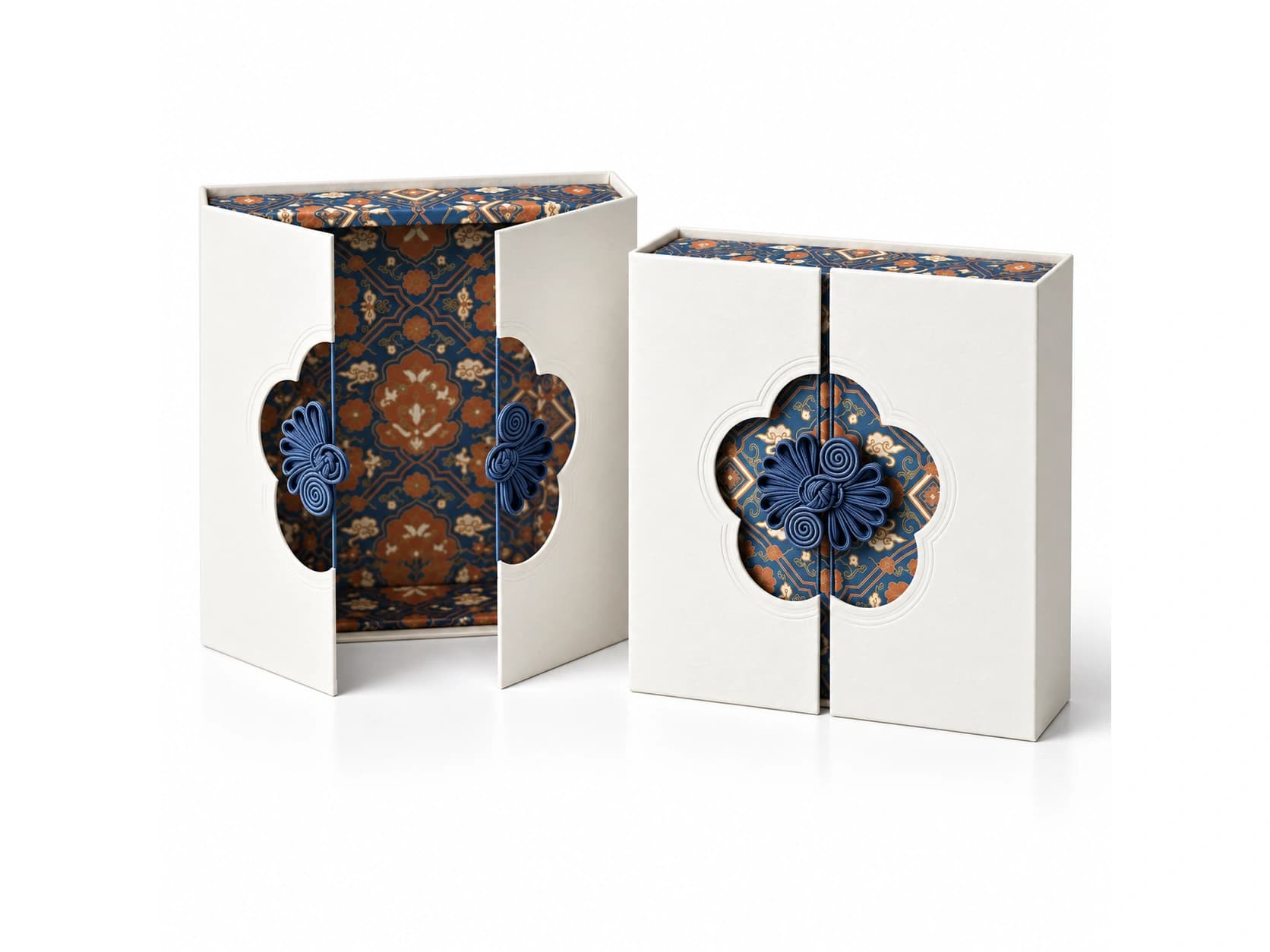Cream double-door box with a decorative central medallion shown open and closed