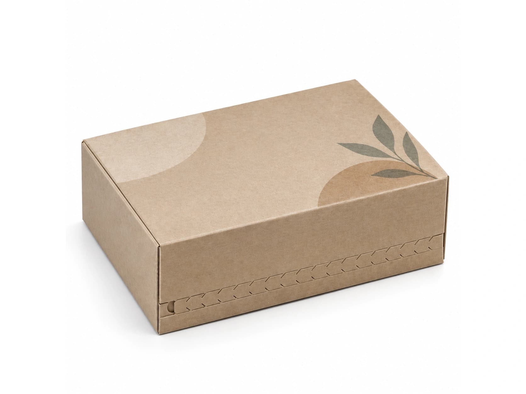 Closed kraft-colored carton with a perforated strip and semicircular notch along its front
