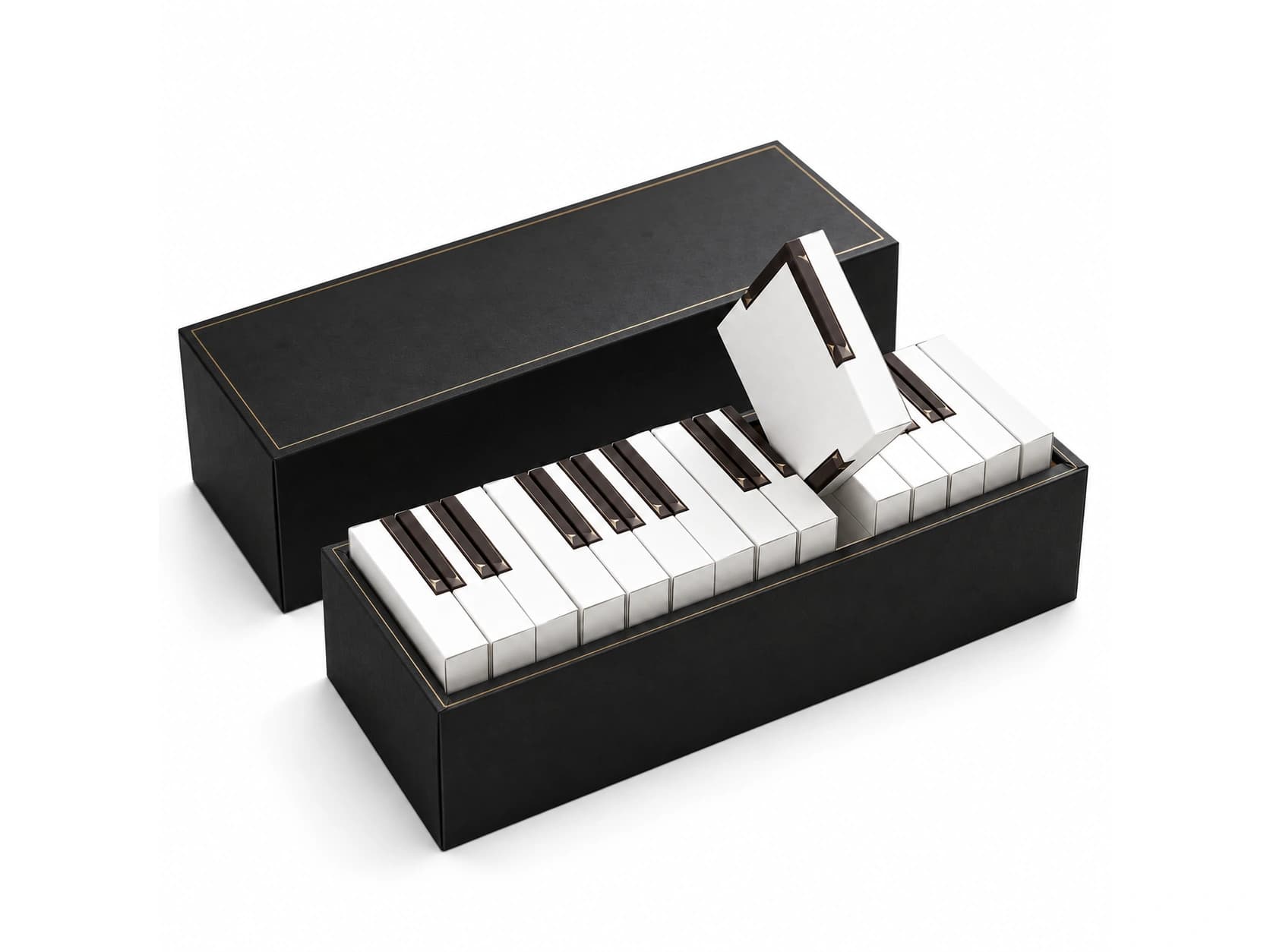 Black presentation box with a cover behind the tray and white and black keyboard-like internal elements