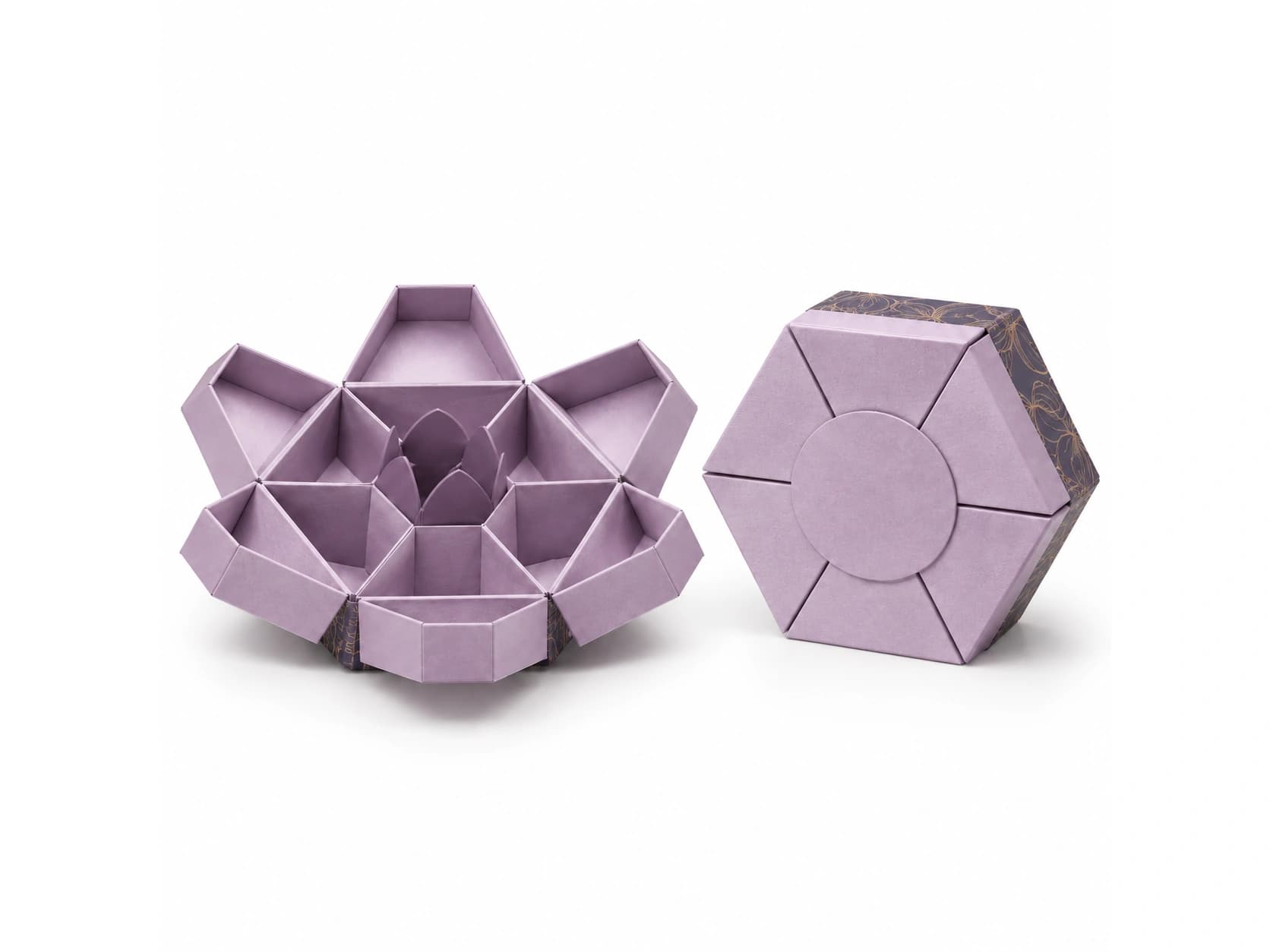 Purple faceted box with open radial compartments beside its closed form