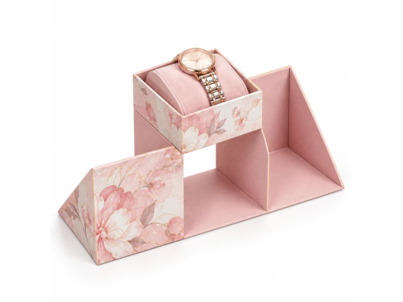 Pink geometric presentation box with a raised watch holder above an open base