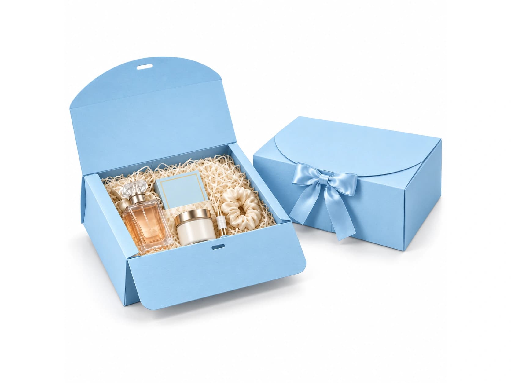 Blue colored plastic sheet carton shown open beside a closed box with a decorative ribbon