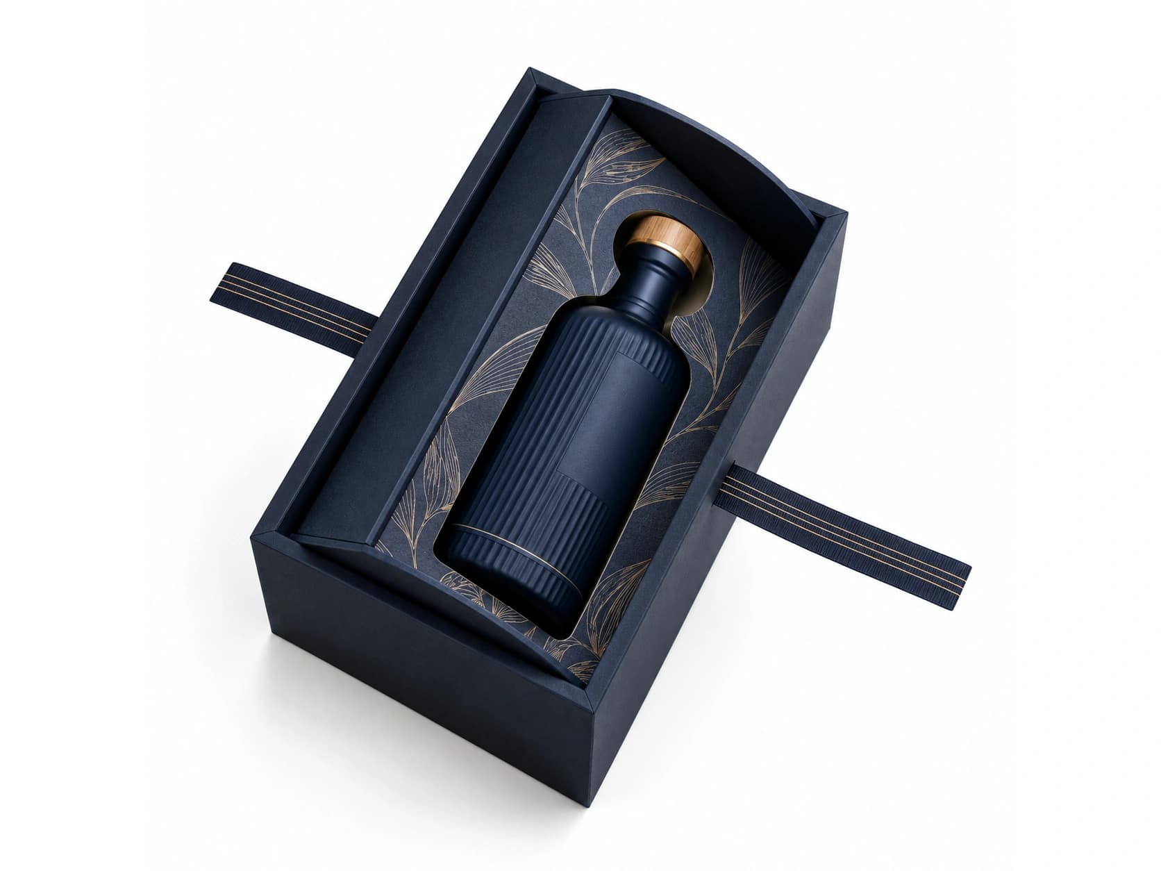 Dark presentation tray with a bottle-shaped insert and ribbons extending at both sides