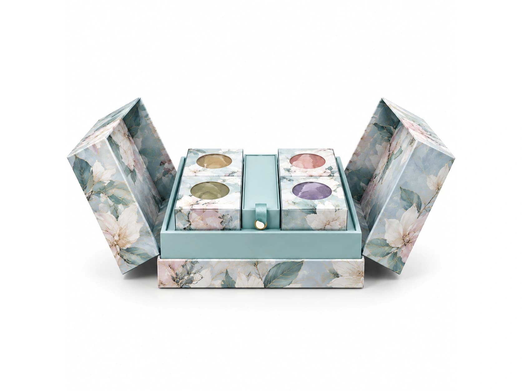 Blue dual-hinged presentation box with five inner cartons in a linked lift-up display