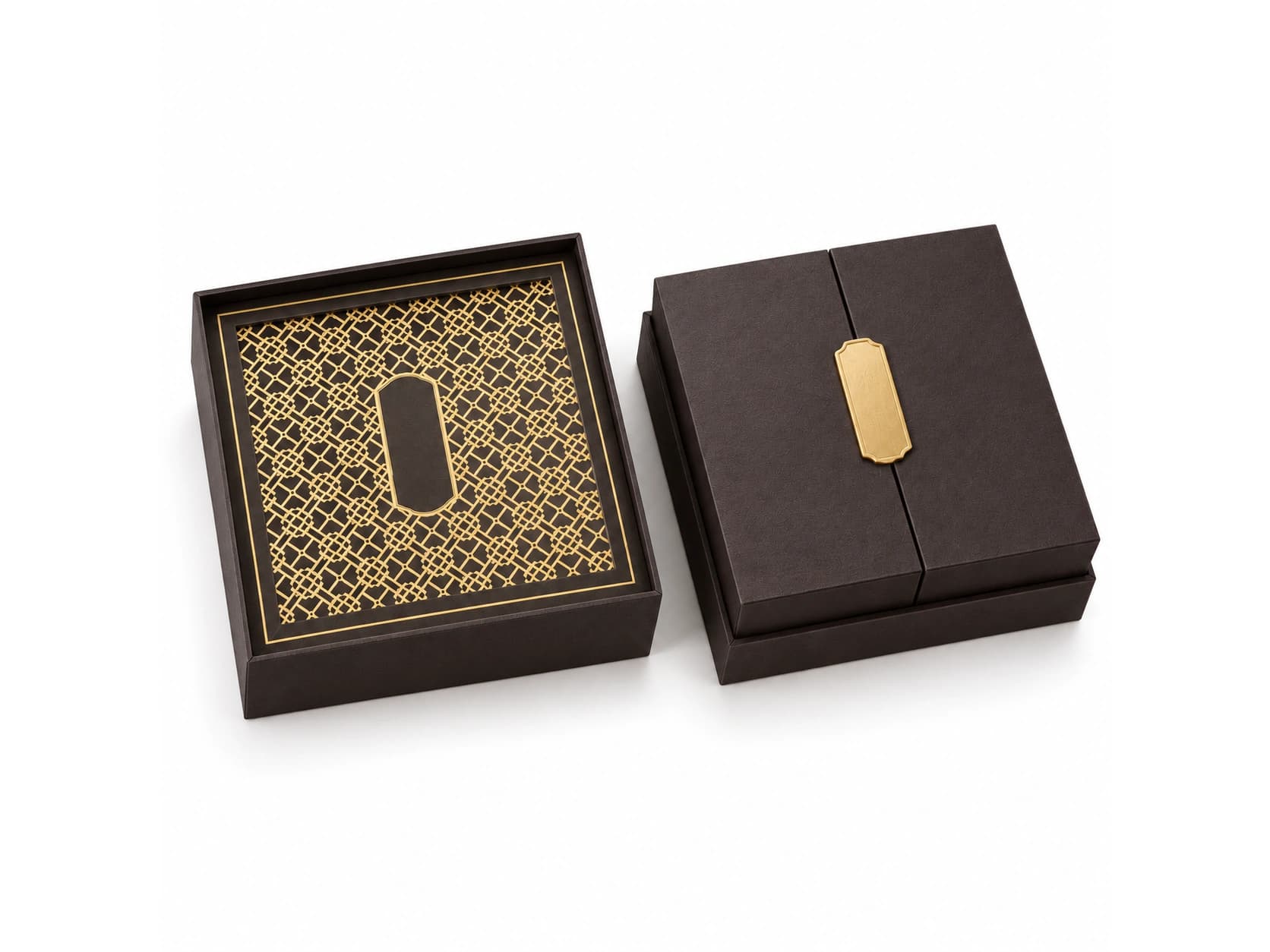 Lid-and-base outer box with concealed inner double doors and a central product display