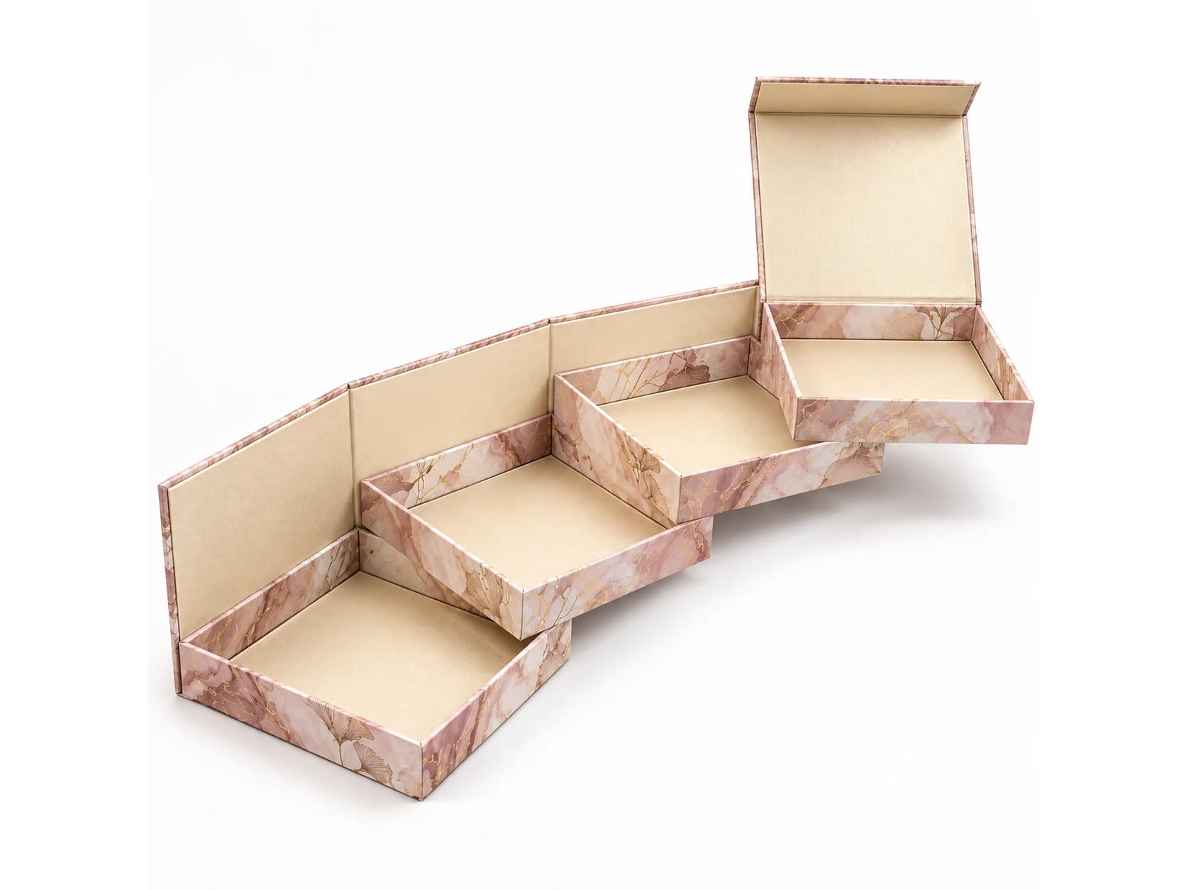 Marble-pattern presentation box unfolded into four connected trays