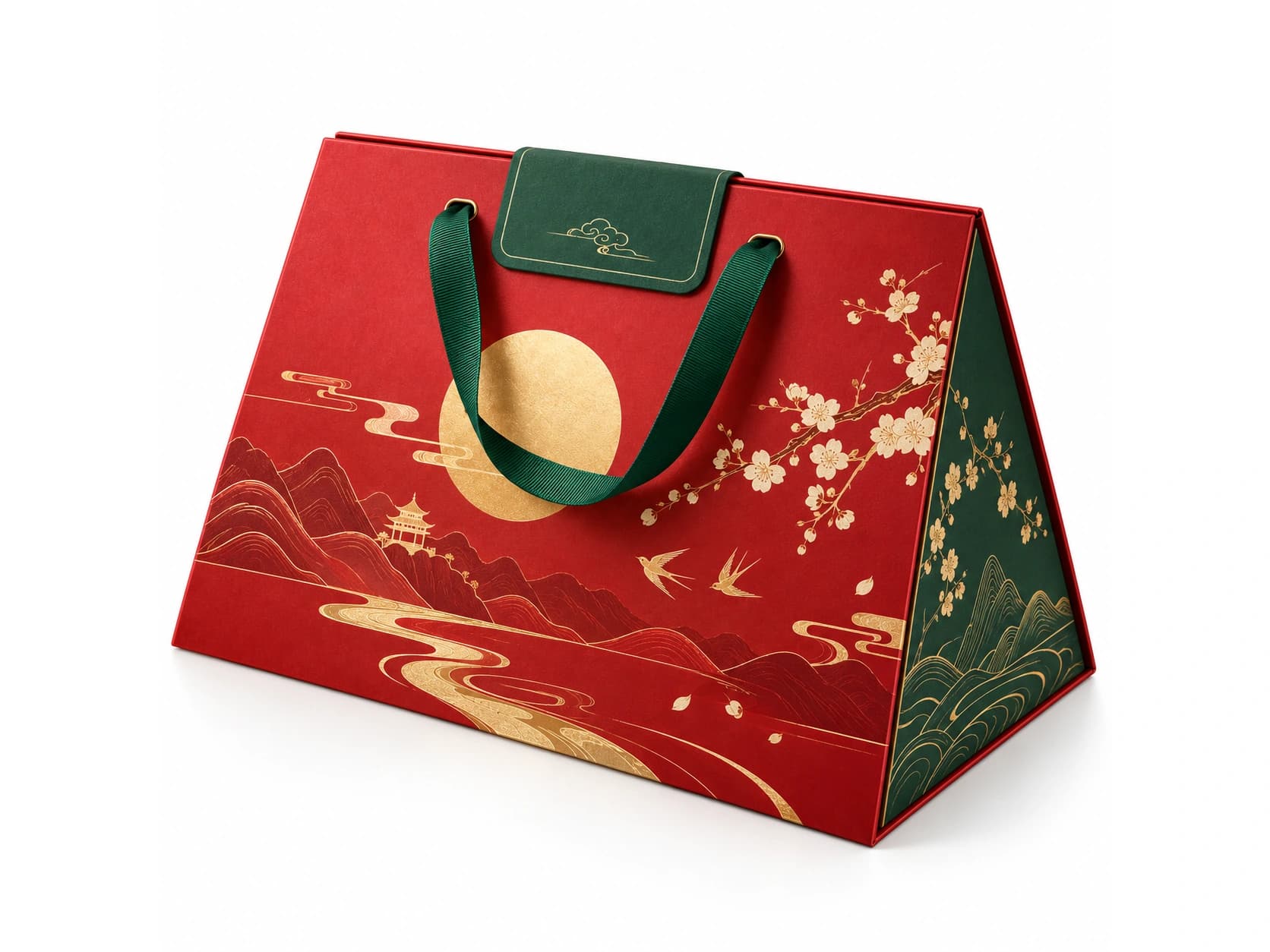 Red and green triangular paperboard folding cartons