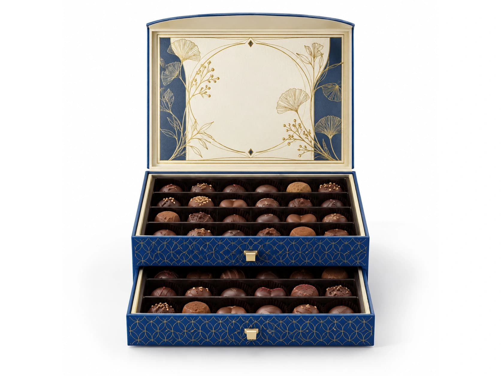 Blue presentation box with an open hinged lid and a lower drawer holding divided rows