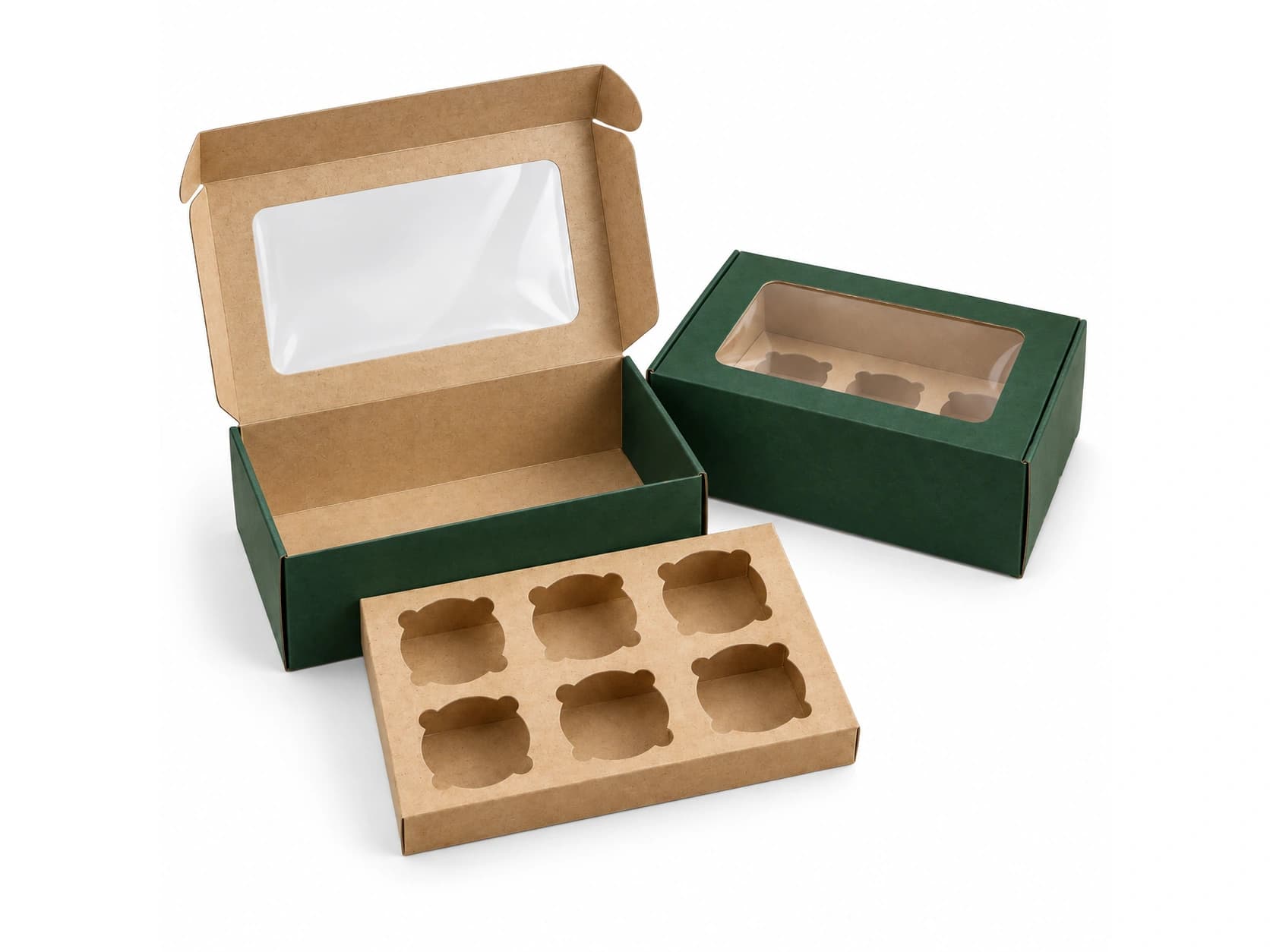 Green kraft paperboard carton with a clear PET window beside its open form and a six-cell insert