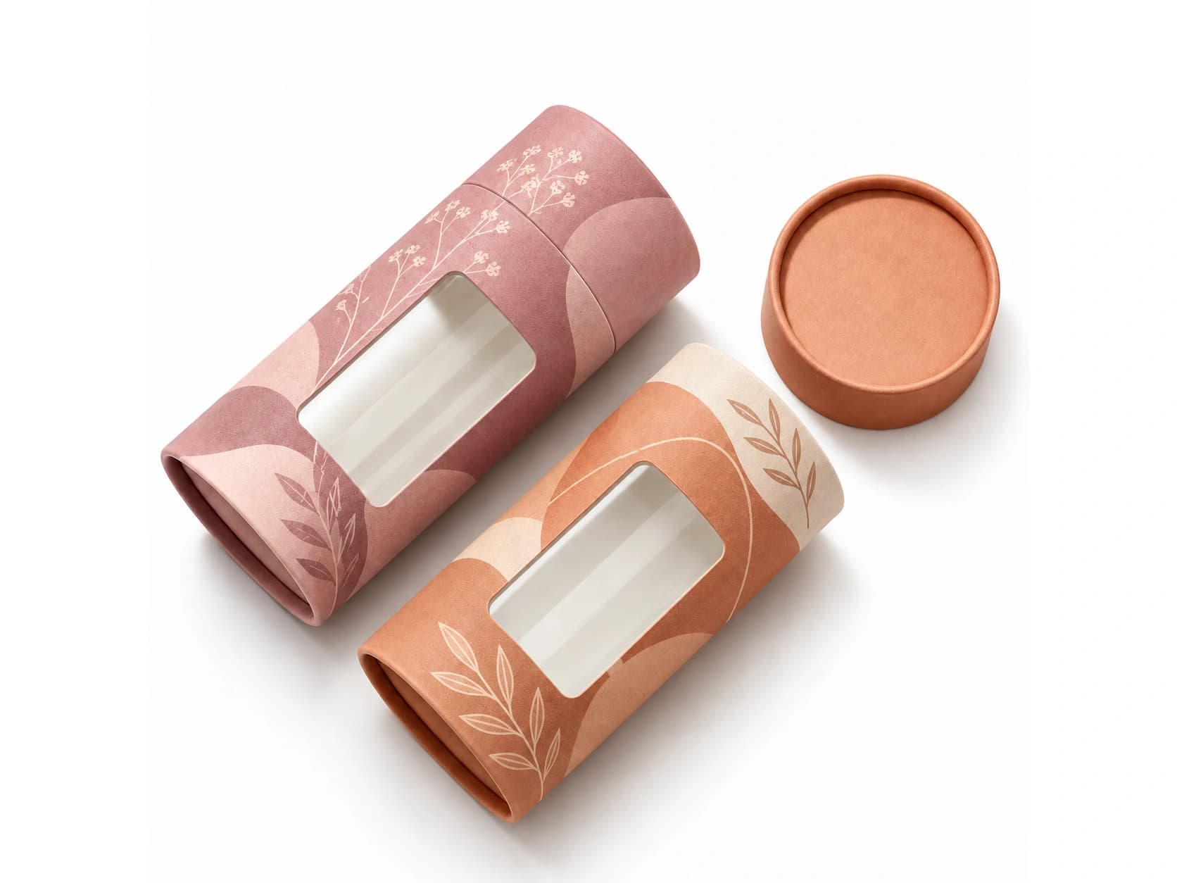 Pink and orange rigid cylindrical paper tubes with clear PET-backed side windows and separate end lids