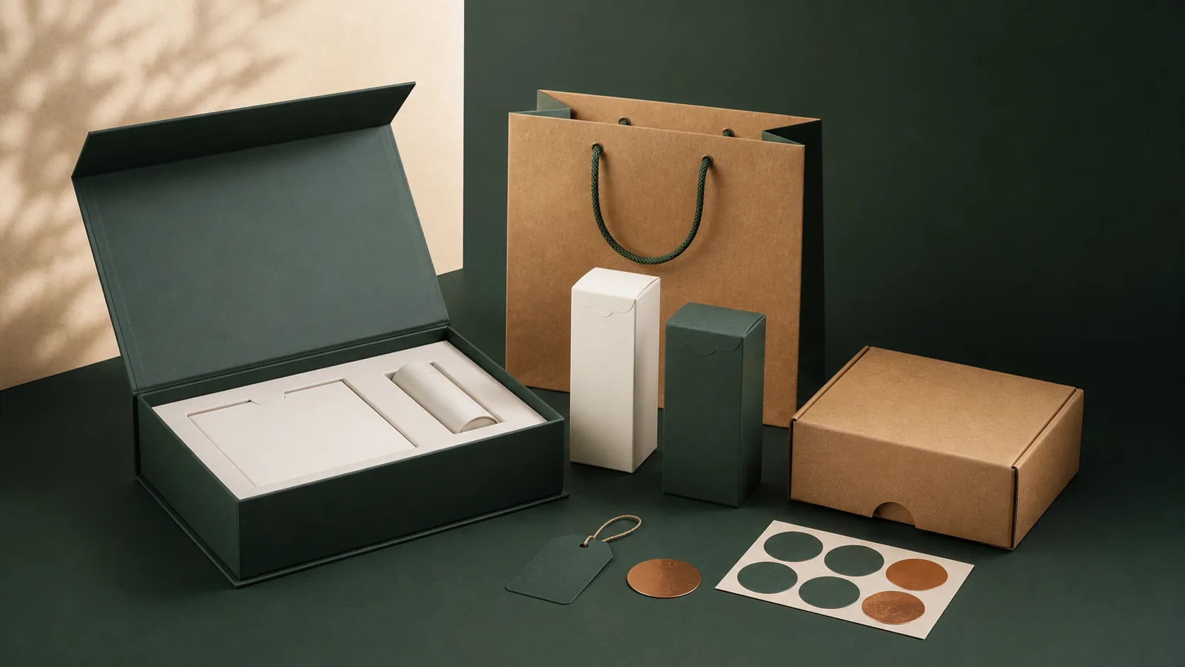 Custom rigid box, folding cartons, mailer, paper bag, labels, and insert arranged as a packaging collection