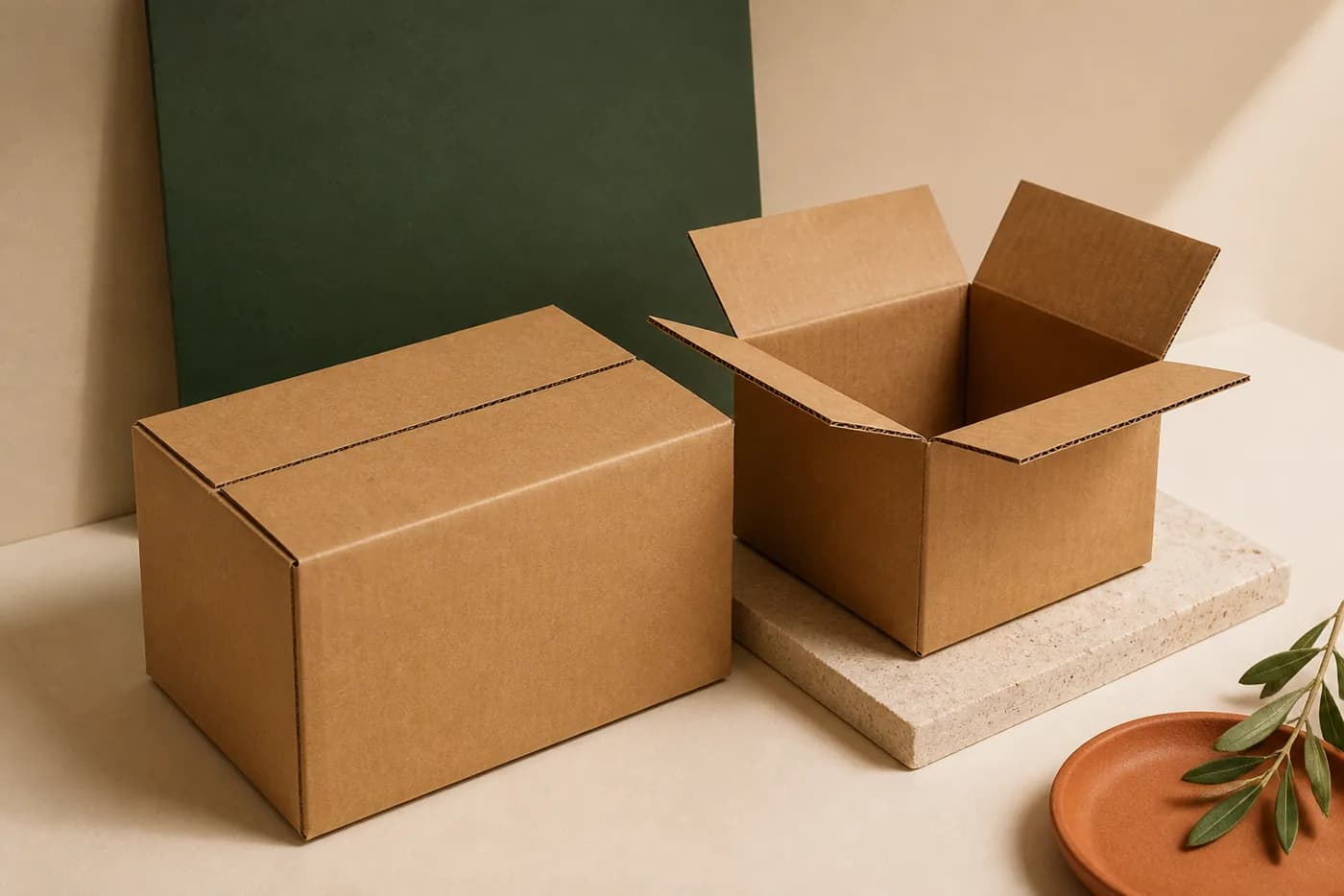 Closed and open kraft corrugated shipping cartons