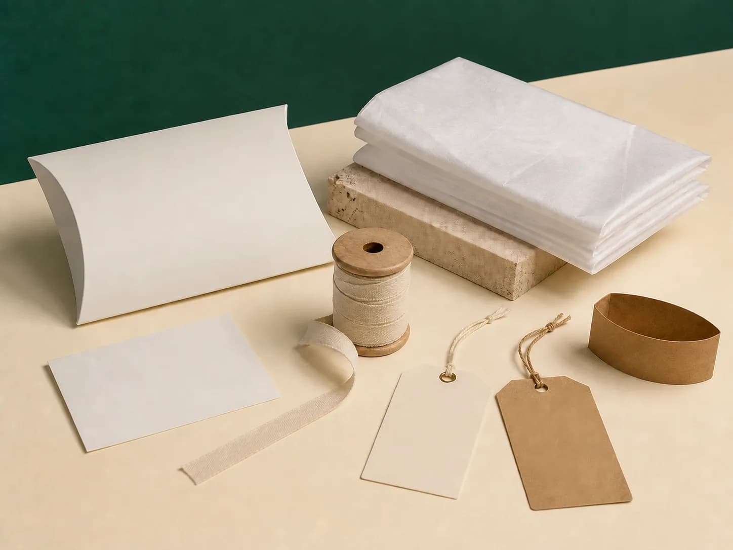 Custom packaging cards, tissue paper, ribbon, tags, wraps, and paper sleeves