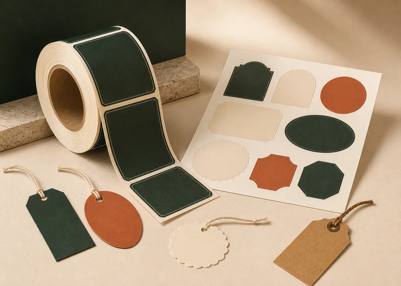 Label roll, sticker sheet, and paper hang tags in coordinated colors