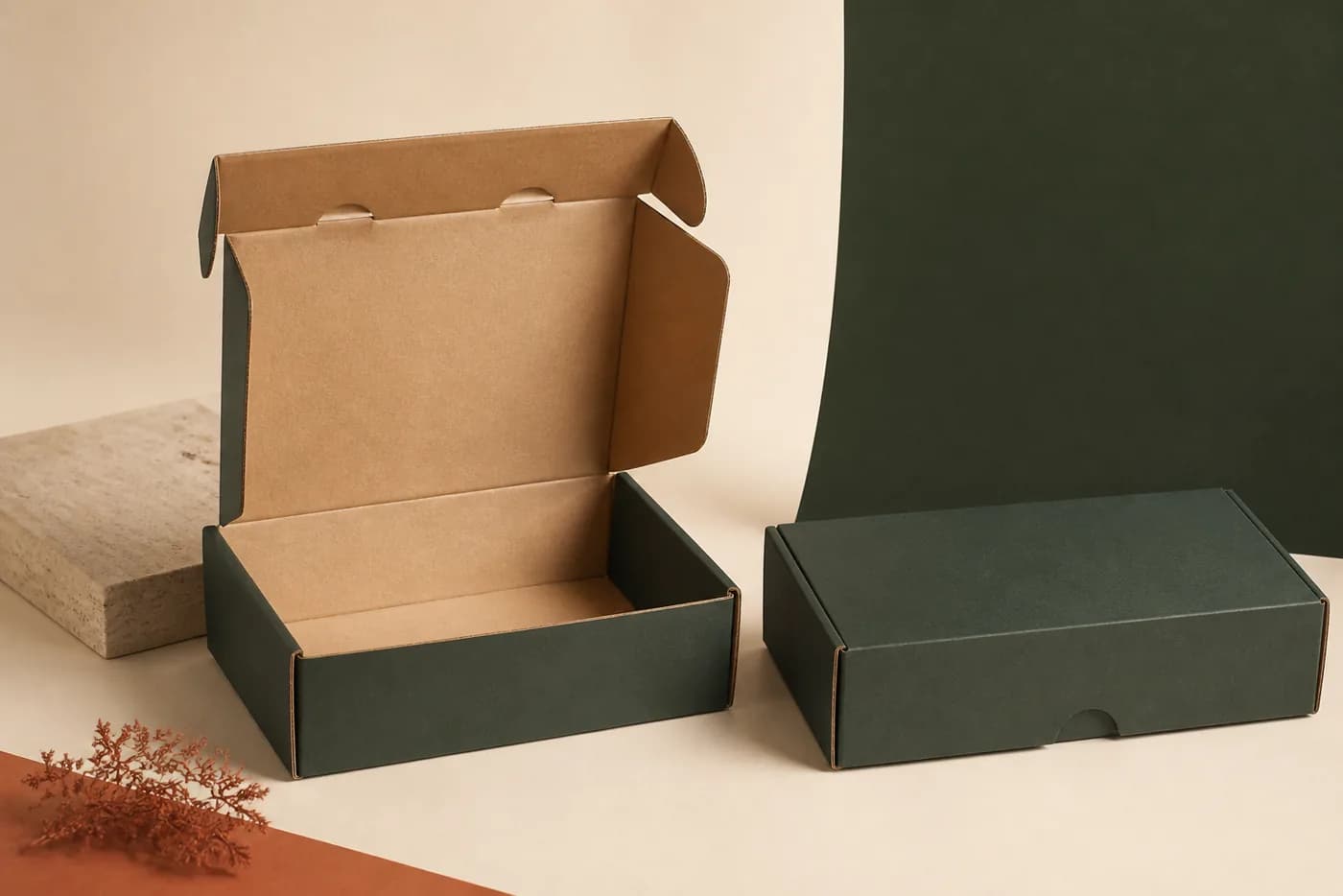Open and closed forest green corrugated mailer boxes