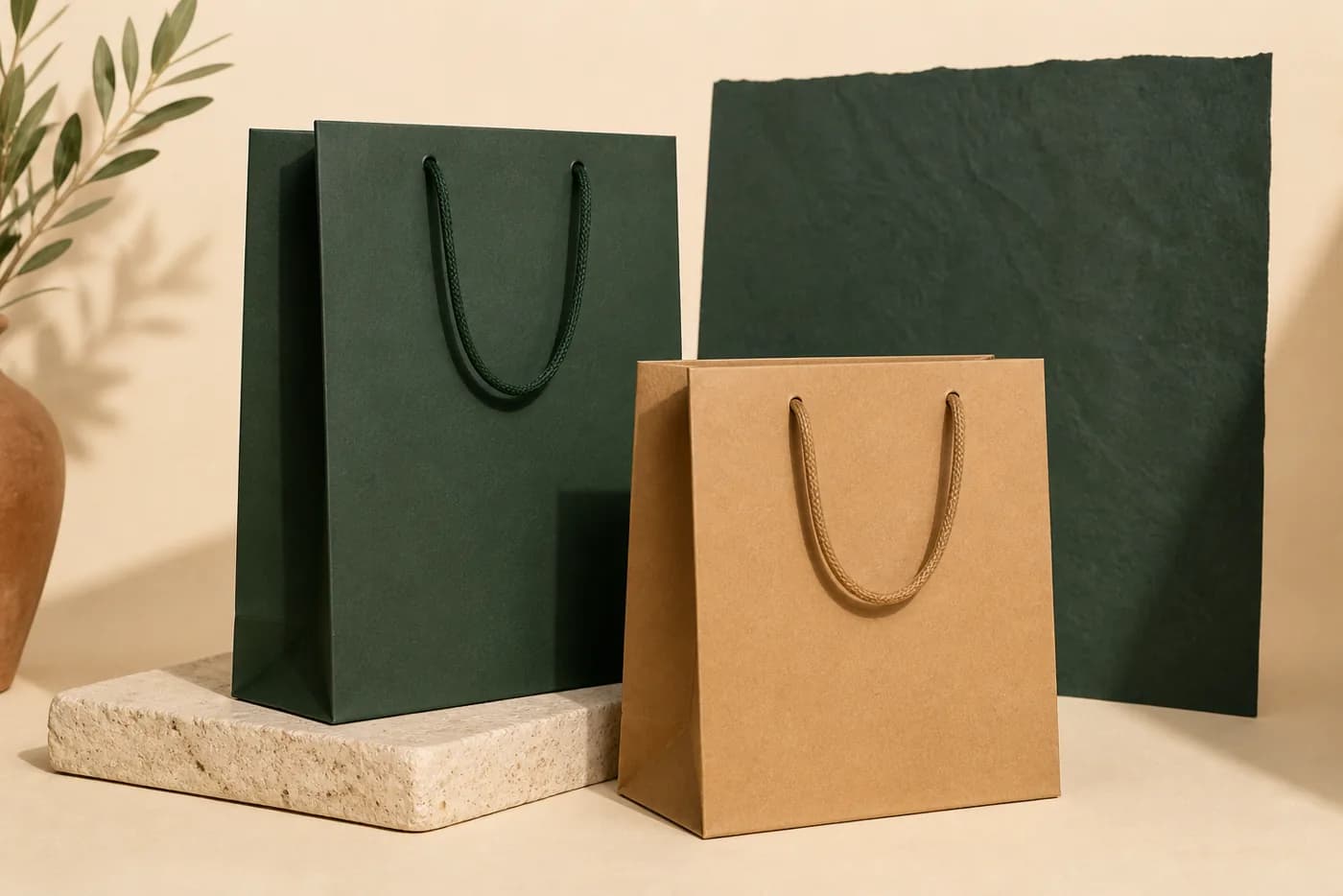 Forest green and kraft paper shopping bags with rope handles