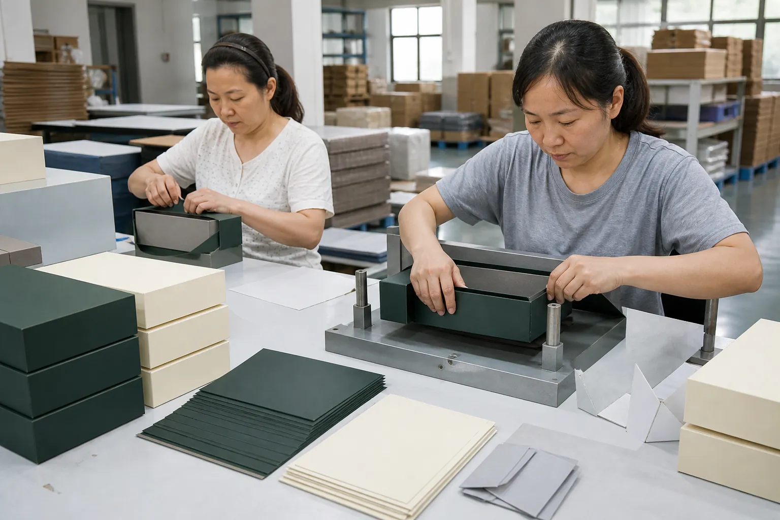 Rigid boxes being assembled at a neutral packaging supplier facility