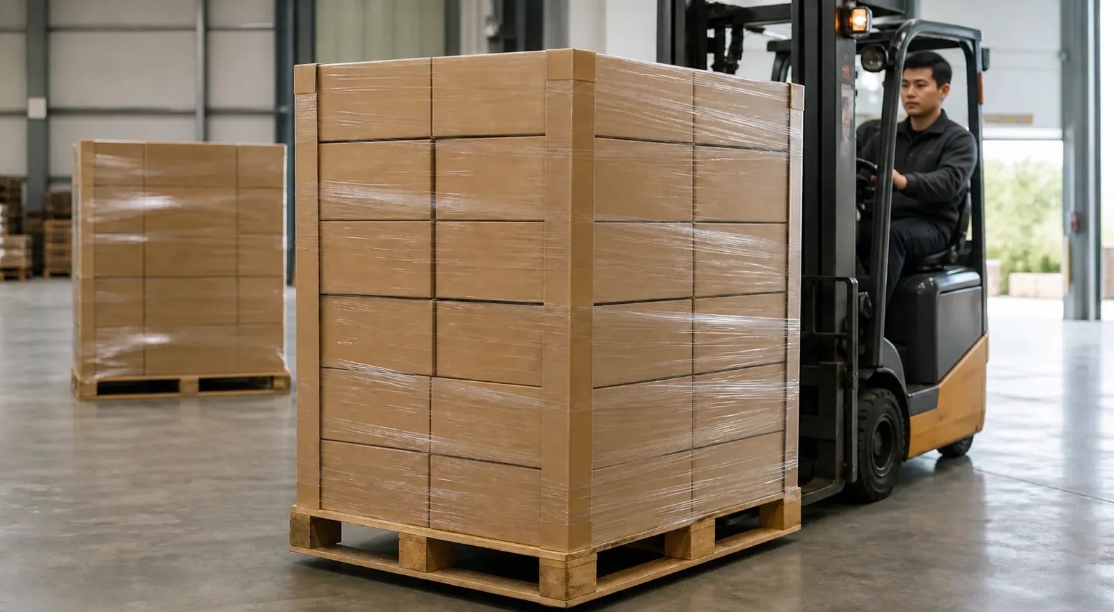 Palletized shipping cartons prepared for dispatch