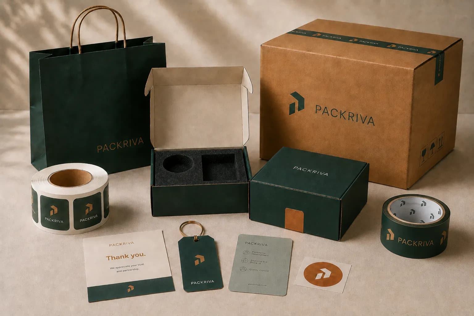 Boxes, bags, labels and inserts arranged as a coordinated packaging set