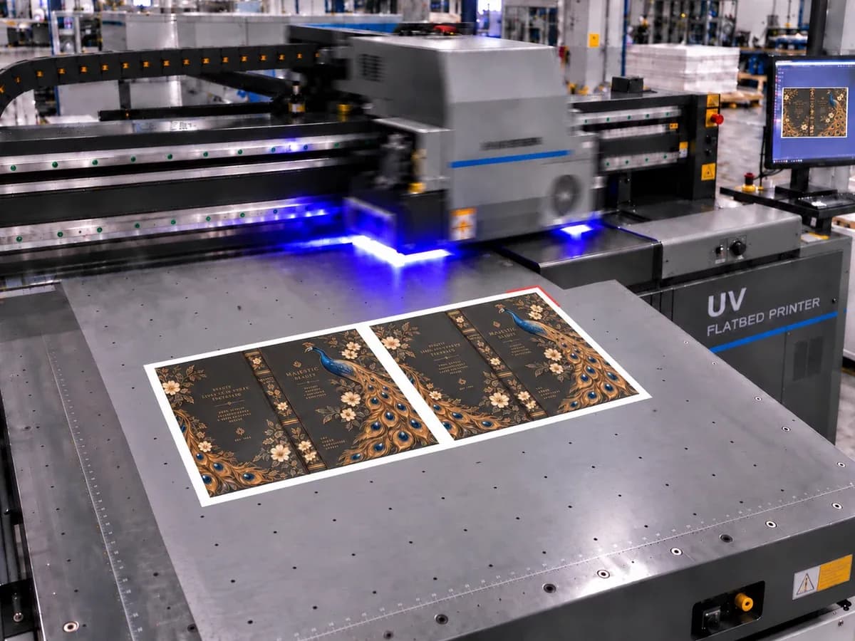 UV flatbed printer shown with decorative packaging panels on its print bed