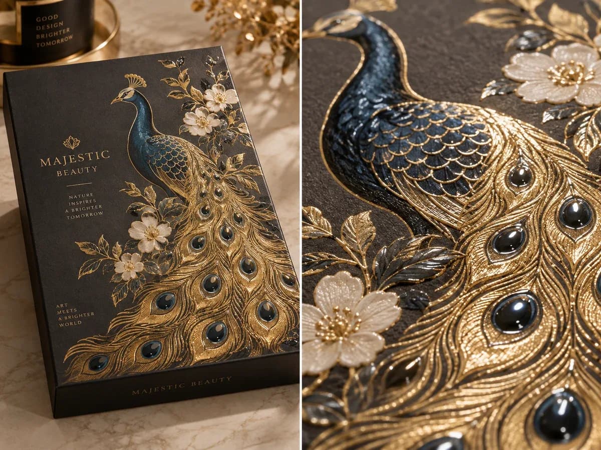 Decorative packaging panel beside a close-up of raised peacock and floral finishing details
