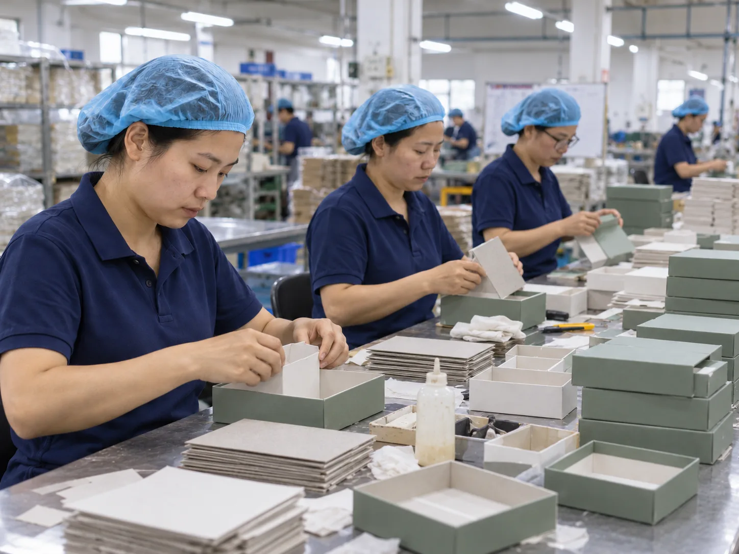 Workers assembling packaging boxes at a production worktable