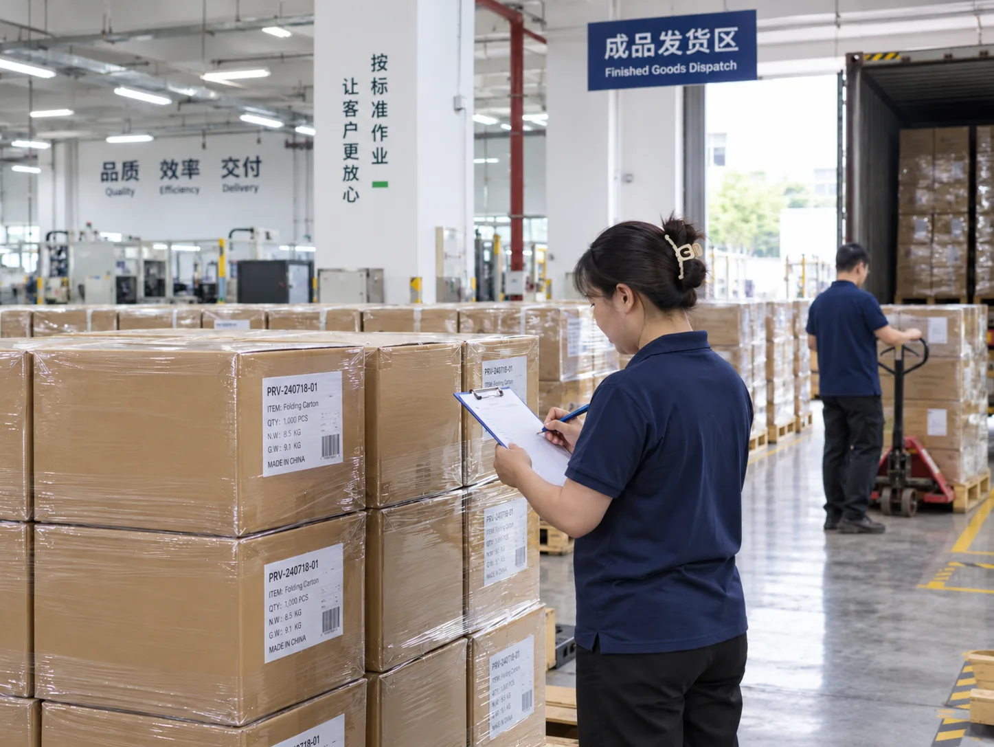 Worker checking shipment records against packaged cartons before dispatch