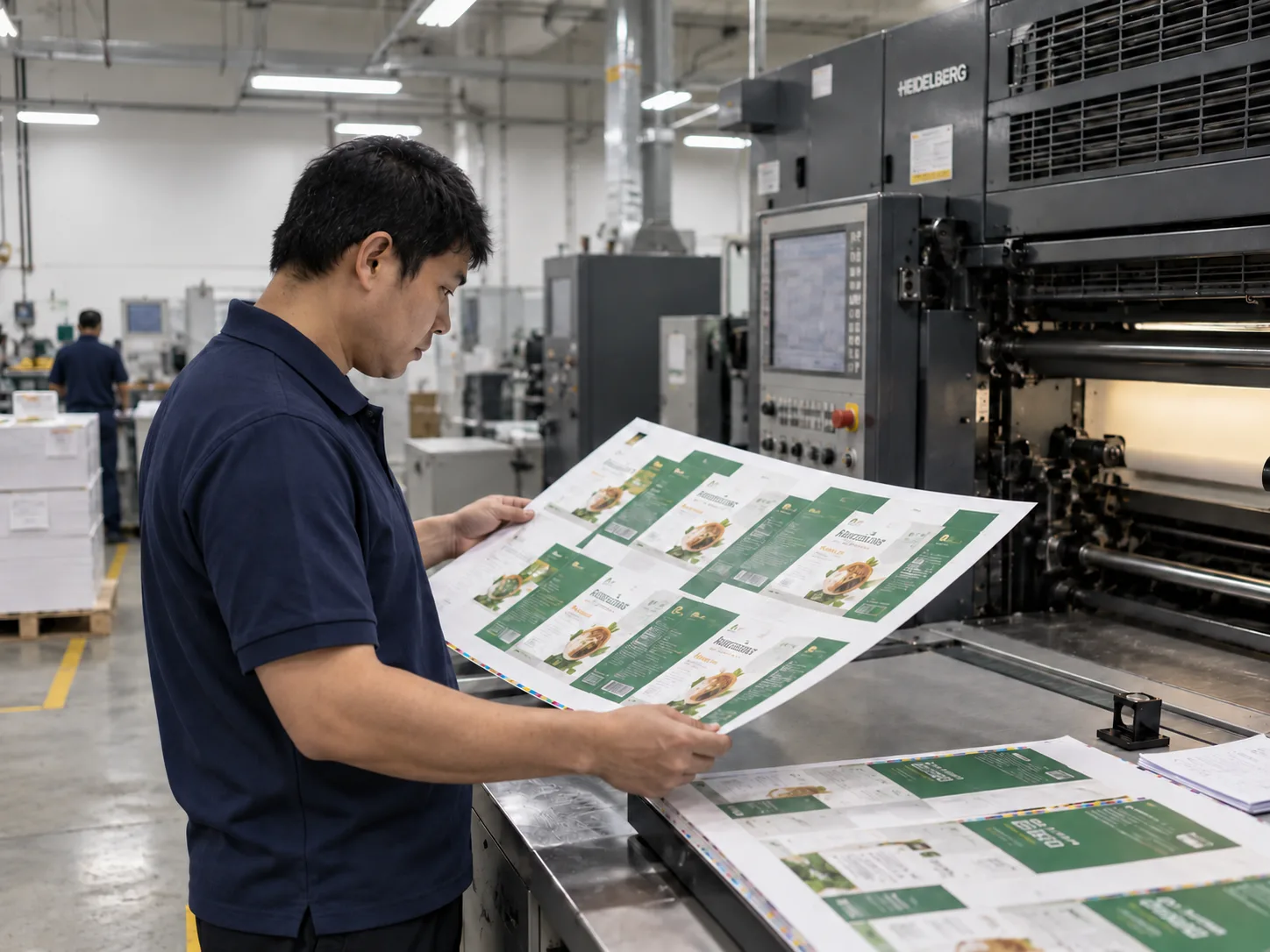 Operator holding a printed packaging sheet beside printing equipment