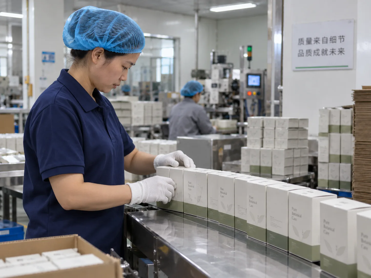 Worker wearing gloves inspecting the appearance of packaged products at a worktable